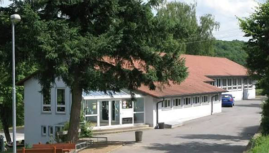 Außenansicht der Grundschule Allfeld mit Schulgebäude, Bäumen und Schulhof.