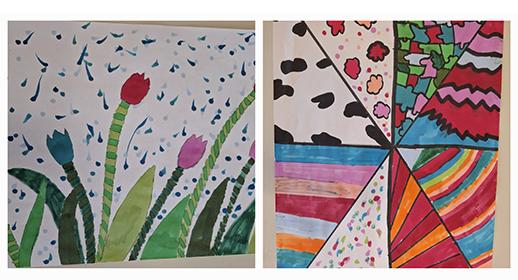  Das Bild zeigt zwei quadratische, mit unterschiedlichen Techniken gestaltete Bilder, die nebeneinander angeordnet sind.  Links sind mehrere Tulpen in Rot, Blau und Pink zu sehen, die auf grünen Stängeln und Blättern stehen. Der Hintergrund ist weiß und mit kleinen blauen und grünen Tupfen übersät, die wie Regentropfen wirken.  Rechts ist eine geometrische Komposition aus vier Dreiecken, die jeweils in einem anderen Stil gefüllt sind: Ein Dreieck hat ein Kuhfleckenmuster, ein anderes ist mit bunten floralen Mustern gefüllt, ein drittes hat horizontale Streifen und das vierte ist mit regenbogenfarbenen, wellenförmigen Linien gestaltet.