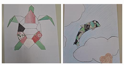  Das Bild zeigt zwei quadratische, mit unterschiedlichen Techniken gestaltete Bilder, die nebeneinander angeordnet sind.  Links ist eine Schildkröte in geometrischen Formen dargestellt. Ihr Panzer und ihre Flossen sind in verschiedenen Mustern und Farben, darunter Rosa, Grün und bunte Stoffreste, gestaltet.  Rechts ist ein Delfin zu sehen, der aus Stoffresten zusammengesetzt ist und zwischen zwei stilisierten weißen Wolken in einem hellblauen Himmel springt.