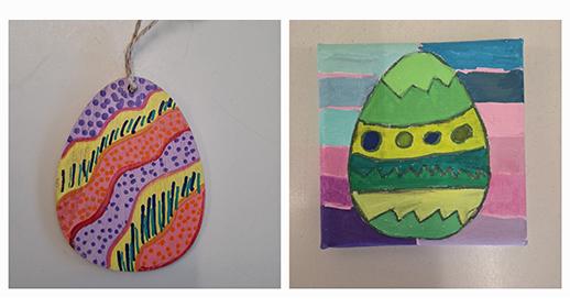  Das Bild zeigt zwei unterschiedliche Kunstwerke zum Thema Osterei.  Links ist ein ovaler, hängender Anhänger aus Holz oder Pappe zu sehen, der mit einer braunen Kordel versehen ist. Er ist mit gewellten Streifen bemalt, die in verschiedenen Mustern und Farben gestaltet sind: Gelbe Streifen mit blauen Linien, violette Streifen mit pinkfarbenen Punkten und rote Streifen mit gelben Punkten.  Rechts ist ein kleines, quadratisches Gemälde auf einer Leinwand. In der Mitte befindet sich ein großes, grünes Osterei mit gelben Streifen und blauen Punkten, das am oberen und unteren Rand gezackt ist. Der Hintergrund ist in einem Schachbrettmuster aus verschiedenen blauen, violetten und pinkfarbenen Farbfeldern gestaltet.