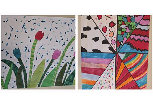 Kreatives Gestalten Rhein Akademie Das Bild zeigt zwei quadratische, mit unterschiedlichen Techniken gestaltete Bilder, die nebeneinander angeordnet sind. Links sind mehrere Tulpen in Rot, Blau und Pink zu sehen, die auf grünen Stängeln und Blättern stehen. Der Hintergrund ist weiß und mit kleinen blauen und grünen Tupfen übersät, die wie Regentropfen wirken. Rechts ist eine geometrische Komposition aus vier Dreiecken, die jeweils in einem anderen Stil gefüllt sind: Ein Dreieck hat ein Kuhfleckenmuster, ein anderes ist mit bunten floralen Mustern gefüllt, ein drittes hat horizontale Streifen und das vierte ist mit regenbogenfarbenen, wellenförmigen Linien gestaltet.