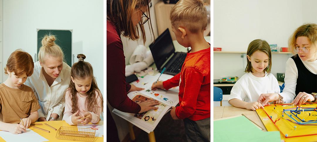 Die dreiteilige Collage zeigt eine helle, positive Lern- und Spielatmosphäre in einer pädagogischen Einrichtung.  Auf dem linken Bild begleitet eine lächelnde Betreuerin zwei Kinder beim Schreiben und Zeichnen an einem gelben Tisch. Das mittlere Foto zeigt eine Eins-zu-eins-Betreuung, bei der ein Junge an einem Laptop-Arbeitsplatz gezielte Hilfestellung in einem Arbeitsheft erhält. Im rechten Abschnitt widmen sich eine Pädagogin und ein Mädchen konzentriert einem gelben Brettspiel.  Insgesamt vermittelt das Bild einen Eindruck von zugewandter, individueller Förderung und harmonischem Miteinander.