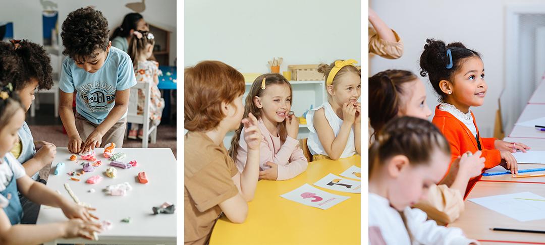 Drei Szenen mit Kindern beim gemeinsamen Basteln, Lernen und Arbeiten im Unterricht.