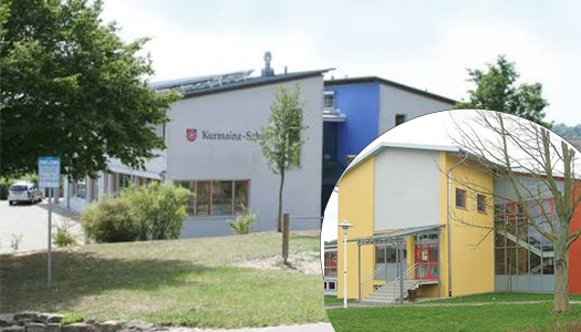 Collage mit Außenansichten der Kurmainz-Schule und der Grundschule Herbolzheim als Kursorte der Rhein Akademie.