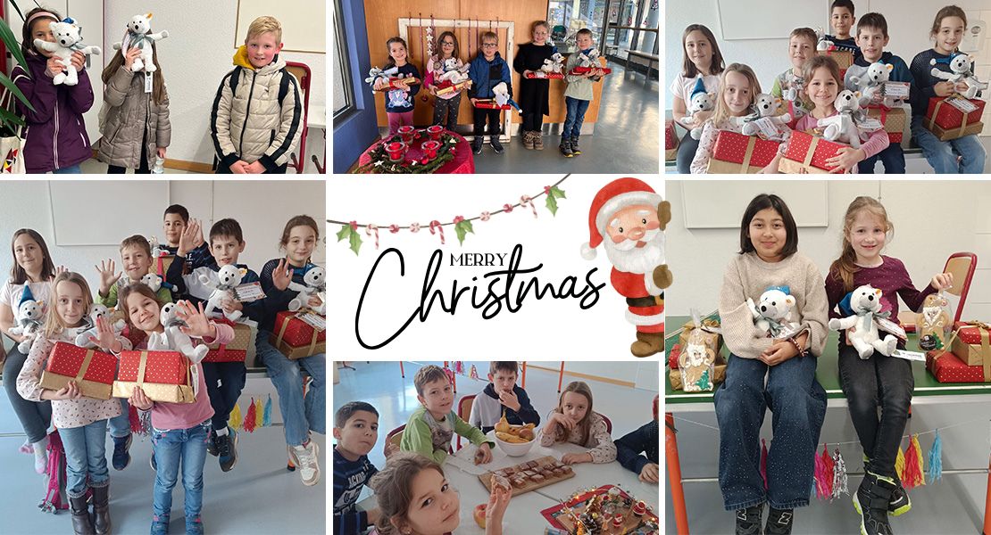 Diese festliche Collage zeigt Kinder, die gemeinsam Weihnachten feiern. Im Zentrum steht der Gruß „MERRY Christmas“ neben einem illustrierten Weihnachtsmann und einer Girlande. Die umgebenden Fotos zeigen Kindergruppen, die stolz weiße Teddybären und rot verpackte Geschenke in den Händen halten. Eine weitere Aufnahme zeigt die Kinder beim gemeinsamen Essen an einem Tisch mit Gebäck. Insgesamt vermittelt das Bild eine fröhliche und gemeinschaftliche Atmosphäre.